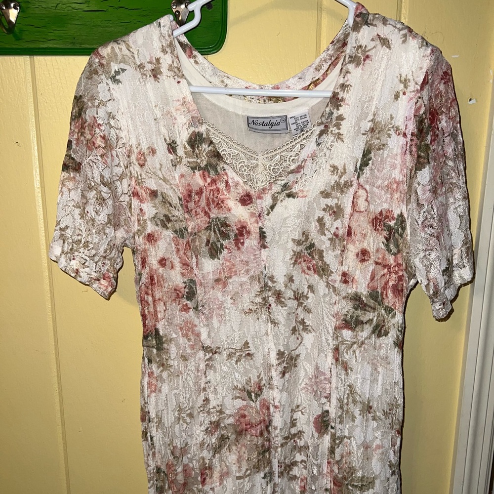 Nostalgia 90’s Floral Lace Inset Cottage Crinkle Romantic Maxi Dress Size M - Picture 7 of 12